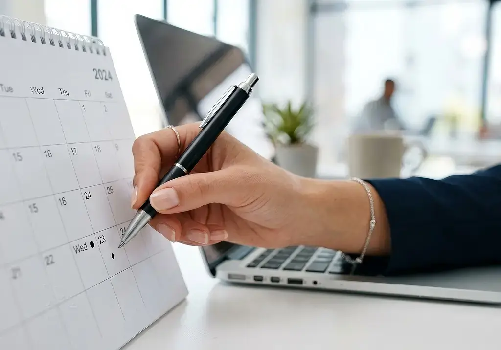Hand marking a date on a desk calendar next to a laptop