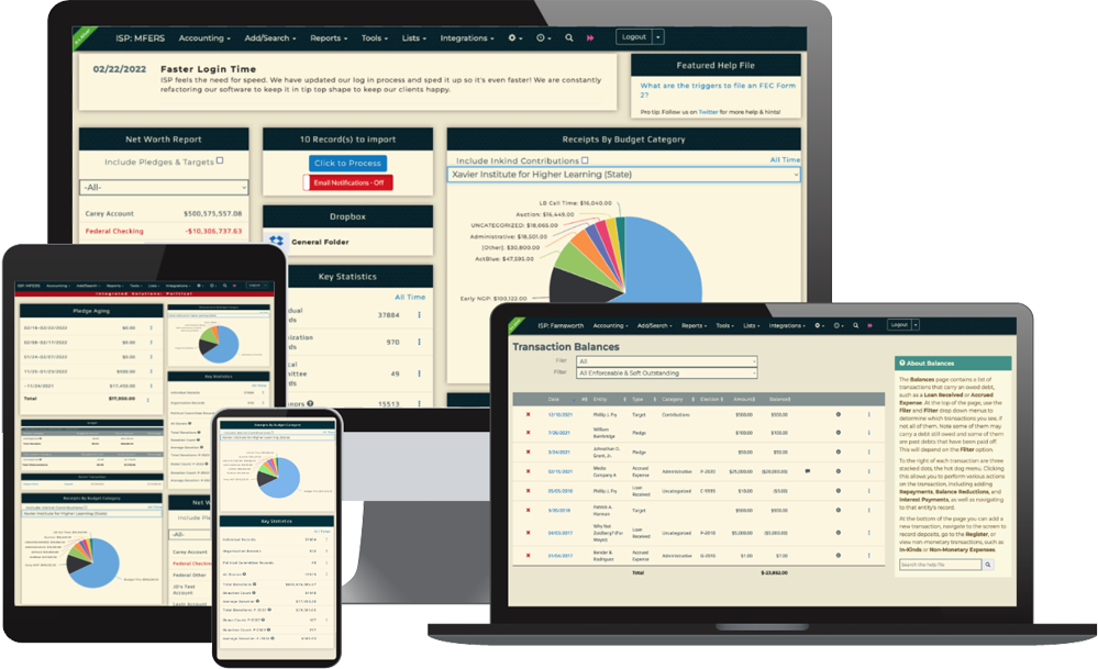 ISPolitical campaign finance software dashboard displayed on a laptop, tablet, desktop, and smartphone