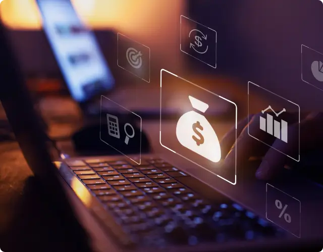 Laptop with glowing finance icons including a money bag, calculator, chart, and percentage symbol, representing a unified data platform for fundraising and financial management