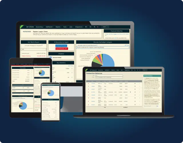 ISPolitical's all-in-one platform displayed across a laptop, tablet, and smartphone, showing campaign dashboards with pie charts, transaction summaries, and donor data reports