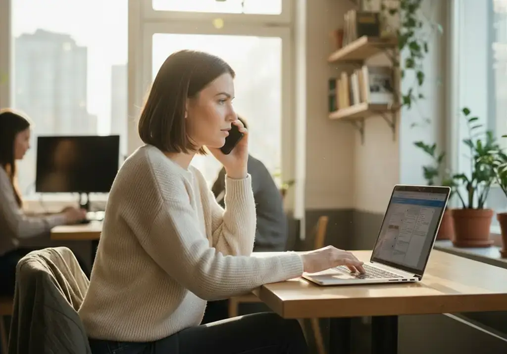 A woman in a cream knit sweater sits at a wooden desk in a bright, plant-filled coworking space, talking on her phone while typing on a laptop.