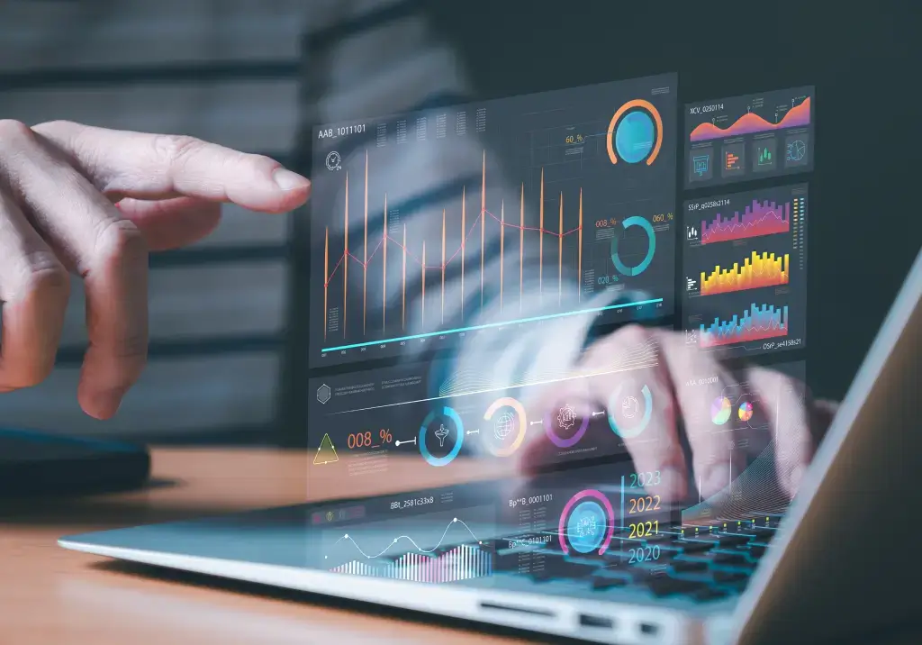 Digital dashboard displaying campaign finance metrics, conversion data, and budget reporting